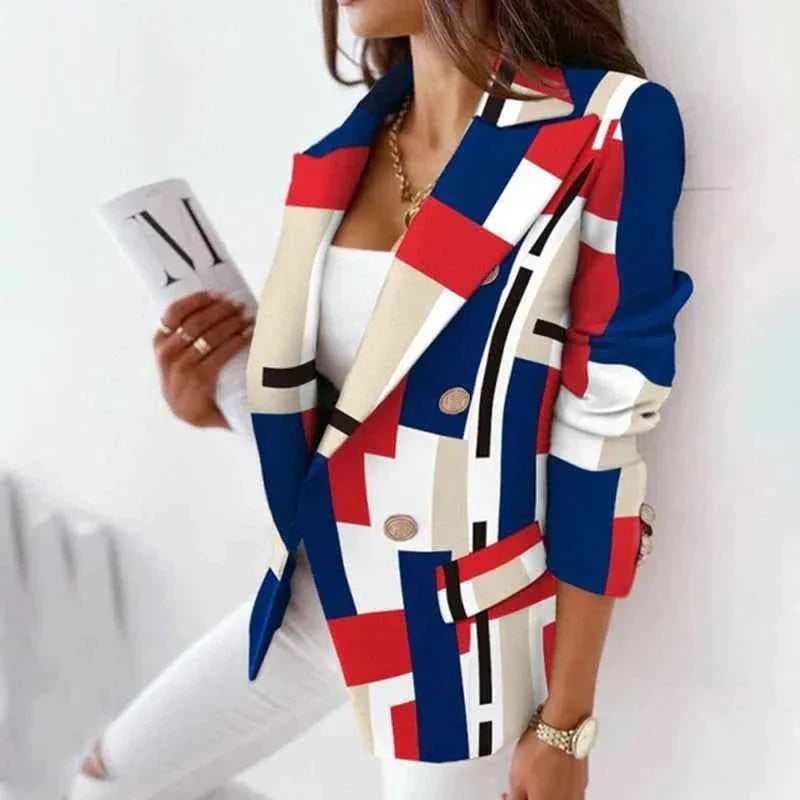 Damen karierter Blazer mit Knöpfen, Langarm