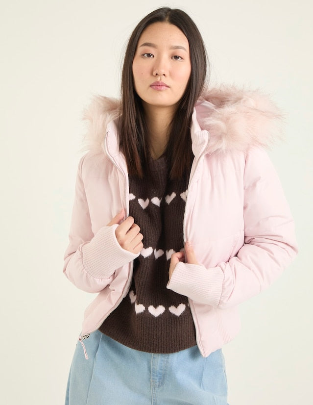 Damen Cropped Langarm Pufferjacke mit Kapuze