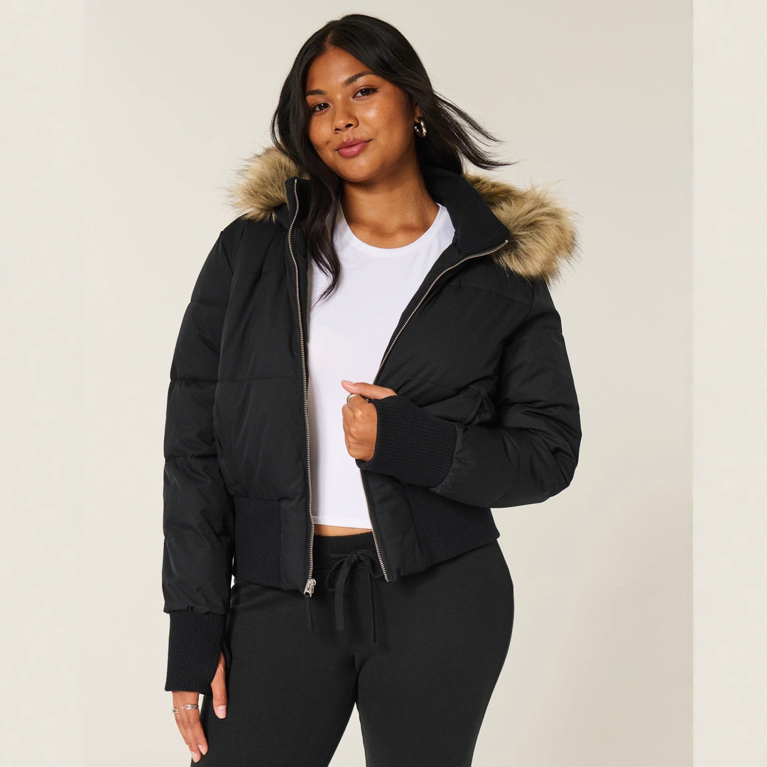 Damen Cropped Langarm Pufferjacke mit Kapuze
