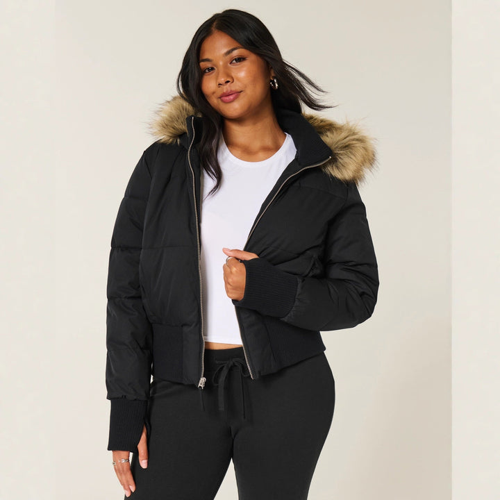 Damen Cropped Langarm Pufferjacke mit Kapuze