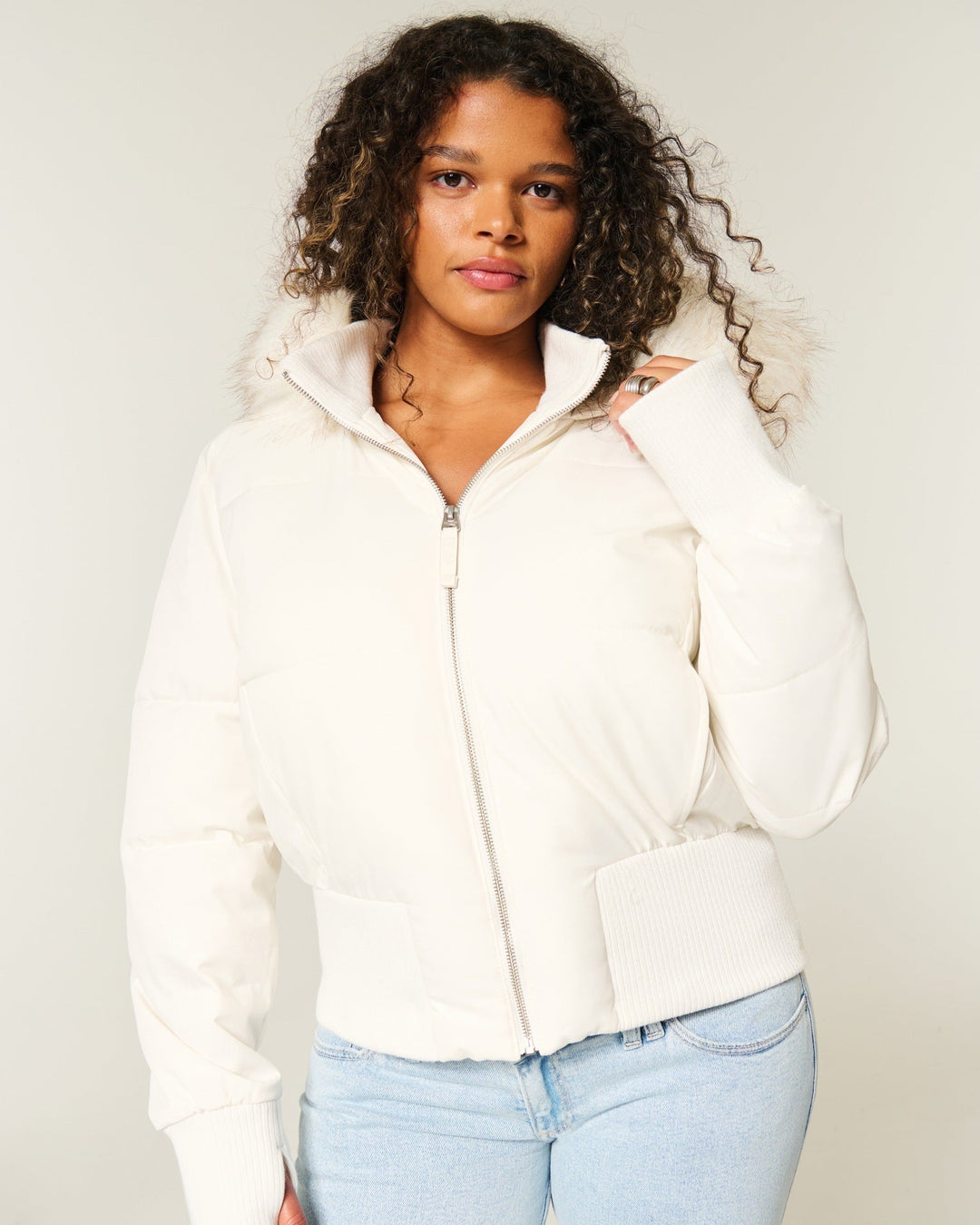 Damen Cropped Langarm Pufferjacke mit Kapuze