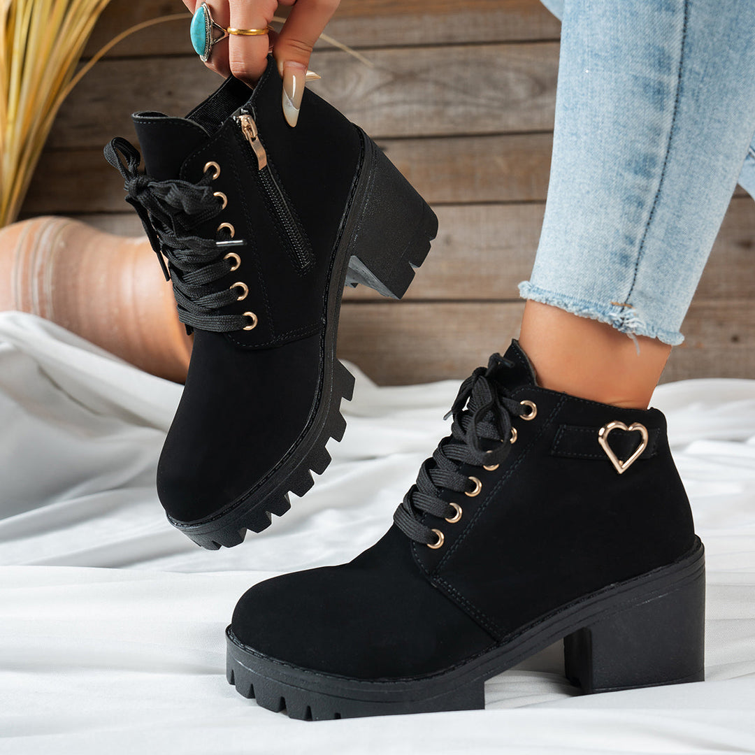 Darcy | Women's Lace-Up Ankle Boots with Block Heels and a Gold Heart Buckle