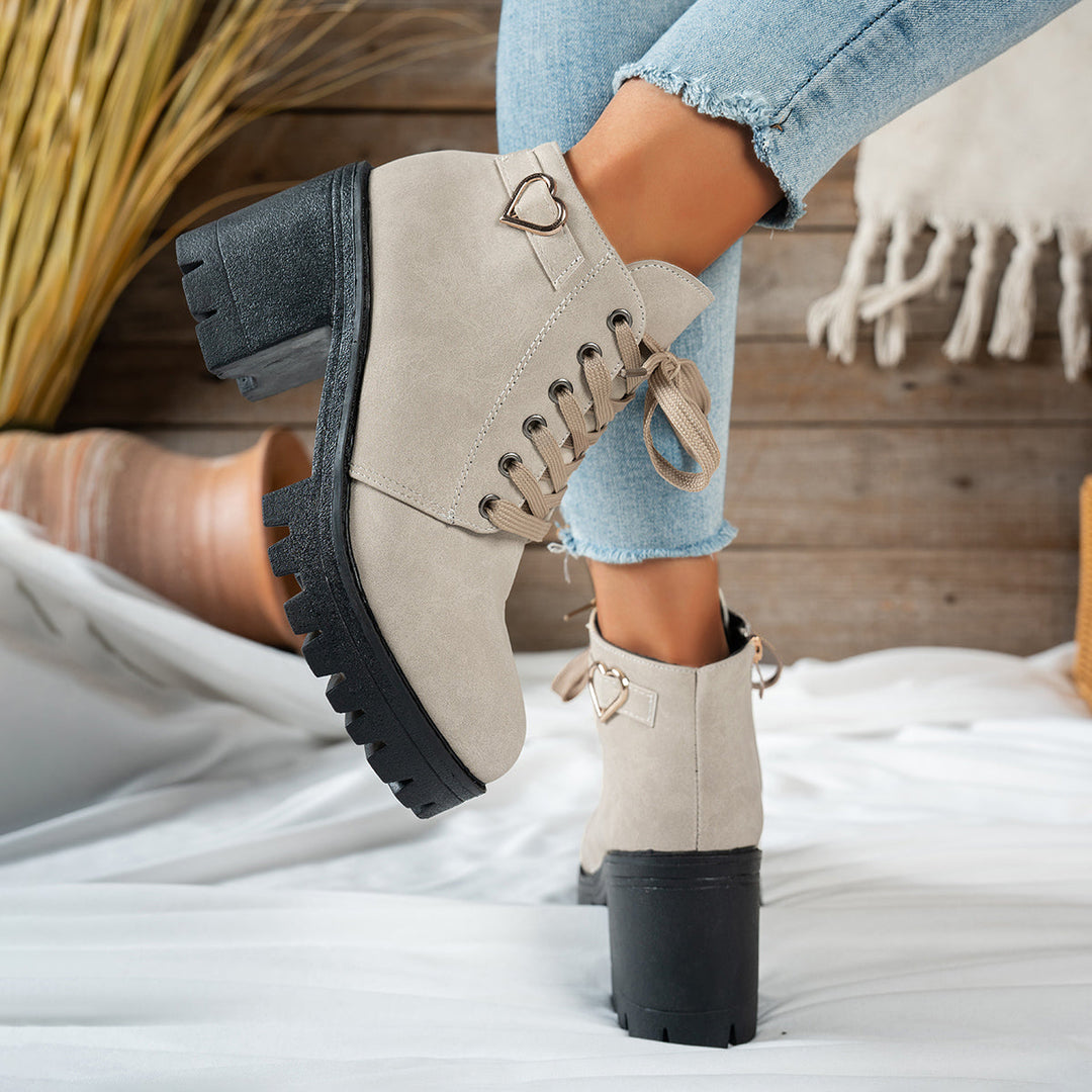 Darcy | Women's Lace-Up Ankle Boots with Block Heels and a Gold Heart Buckle