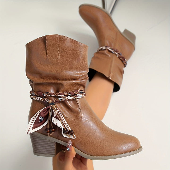 Idunn | Damen Stiefelette in Raffoptik mit Wickeldetail im Westernstil