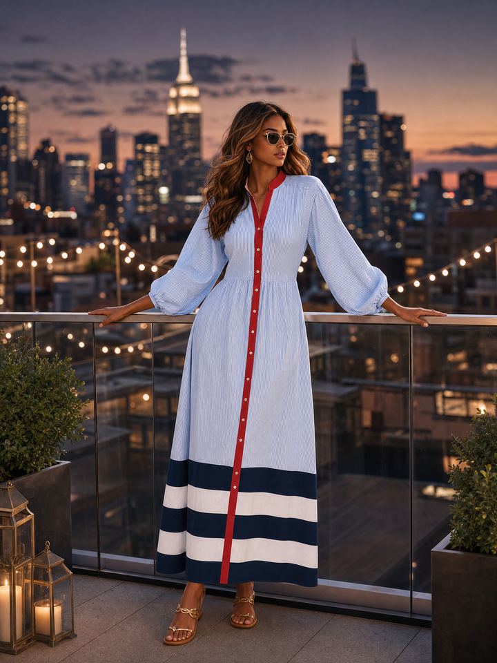 Damen Midi-Kleid mit Stehkragen, langen Ärmeln und Streifen mit Knöpfen