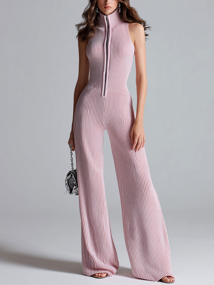 ElevenOra Stilvoller Pinker Ärmelloser Jumpsuit mit Stehkragen, Reißverschluss vorne, Tailliertem Bund und Weitem Bein im Ribstrickdesign