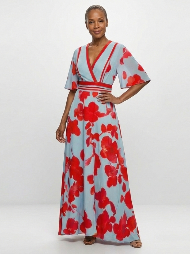 Corinne | V-Ausschnitt Kurzarm Blumenmaxikleid