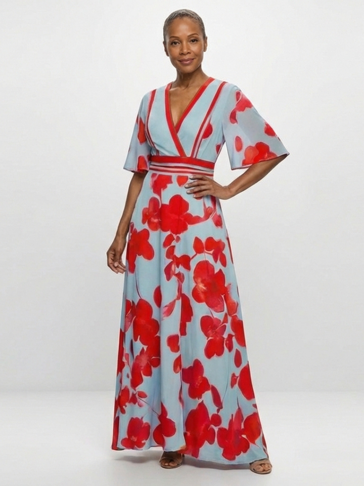 Corinne | V-Ausschnitt Kurzarm Blumenmaxikleid