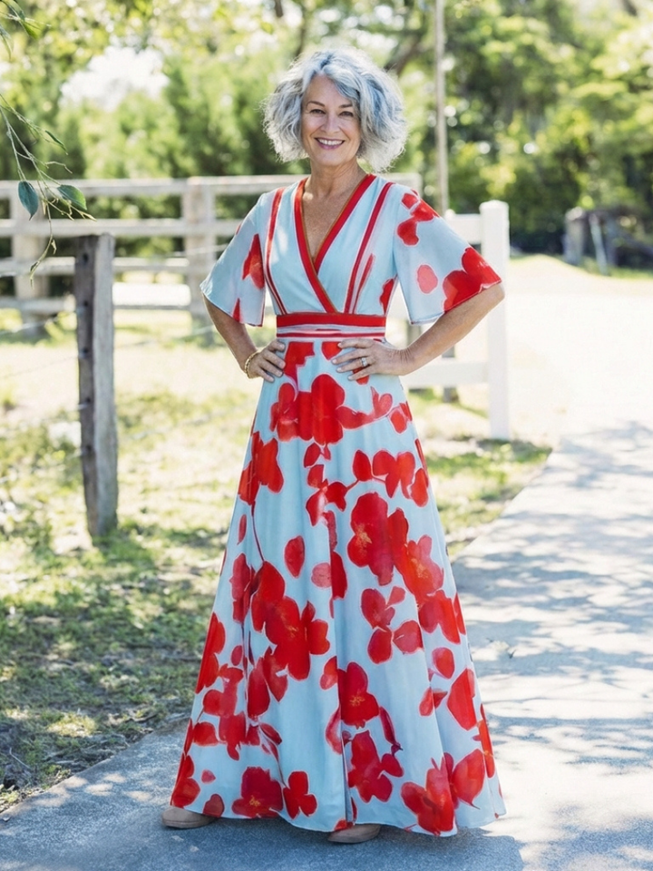 Corinne | V-Ausschnitt Kurzarm Blumenmaxikleid