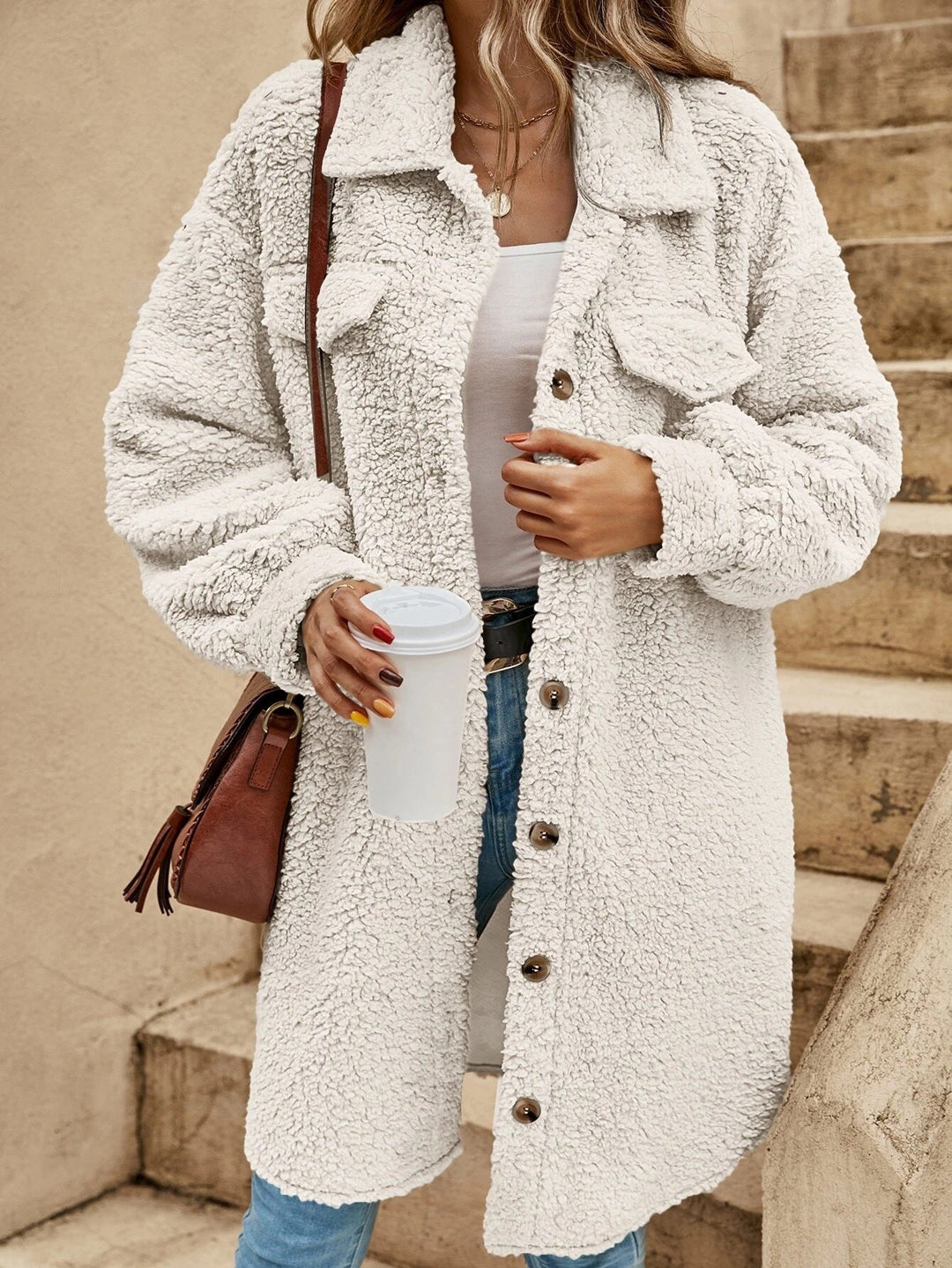 Sophie | Women's long coat with chest pockets and shirt collar