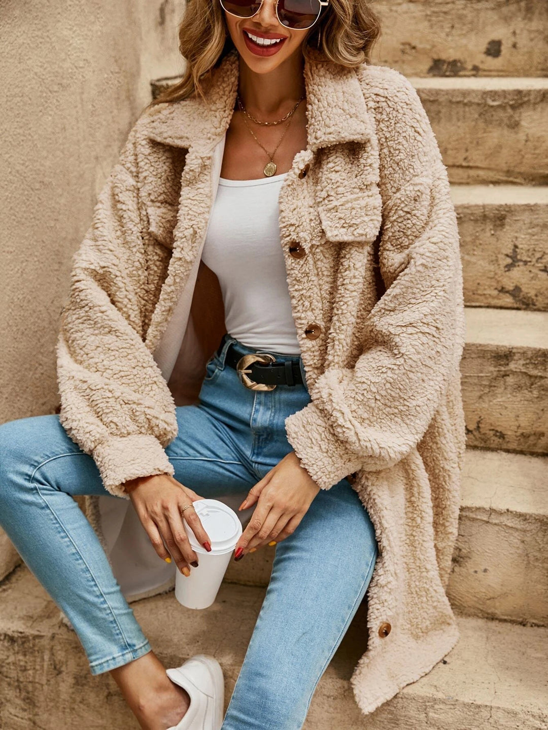Sophie | Women's long coat with chest pockets and shirt collar