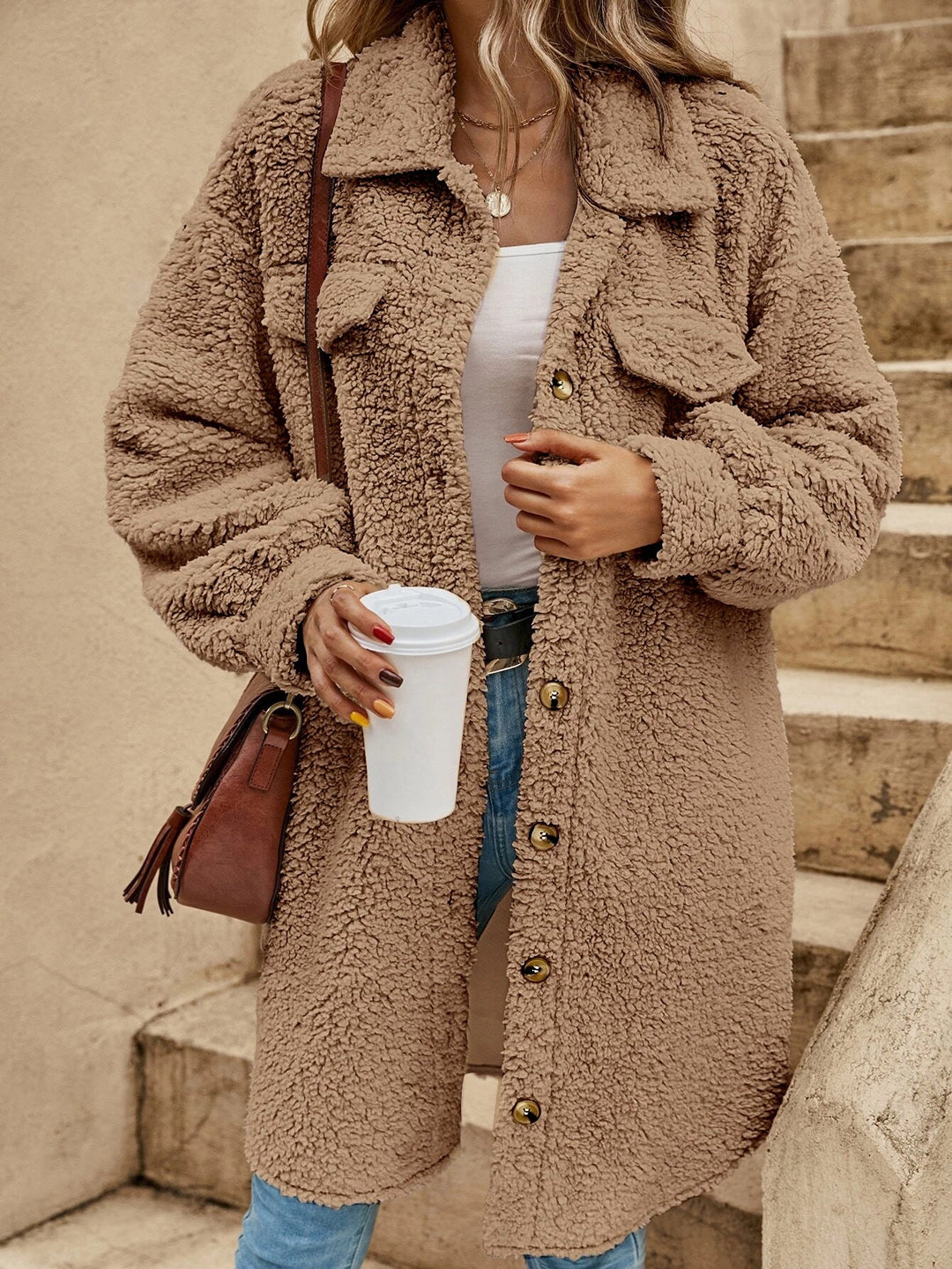 Sophie | Women's long coat with chest pockets and shirt collar