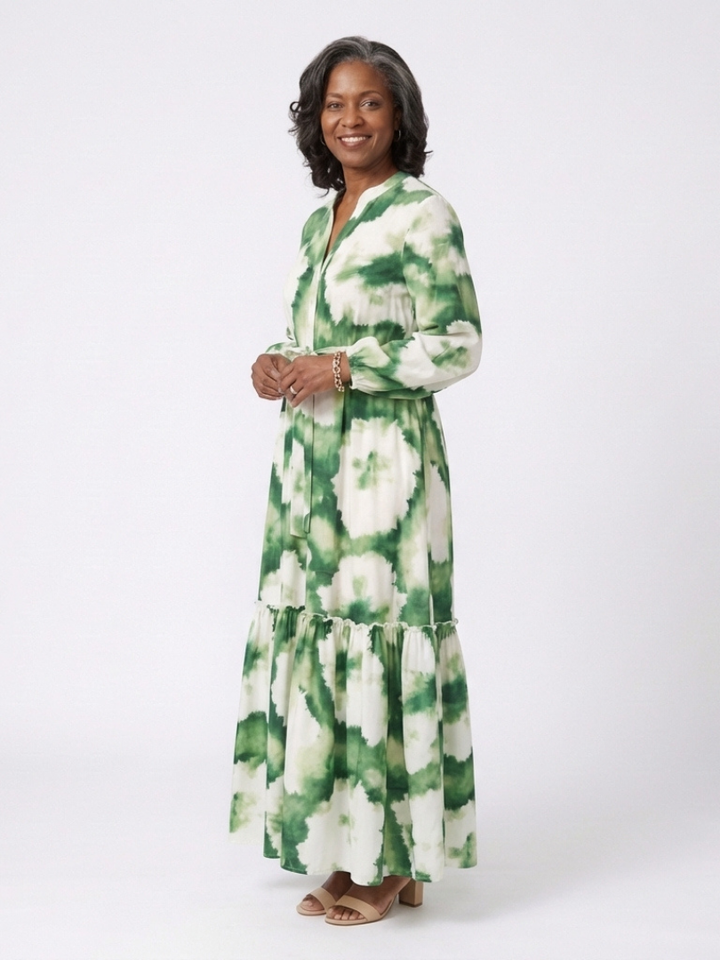 Sabine | Langärmliges Maxikleid mit Taillenknoten und Stufenrock