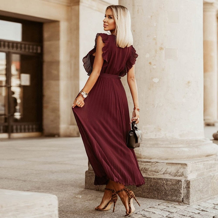 Elena™ Dunkelrotes Boho Festkleid mit V-Ausschnitt