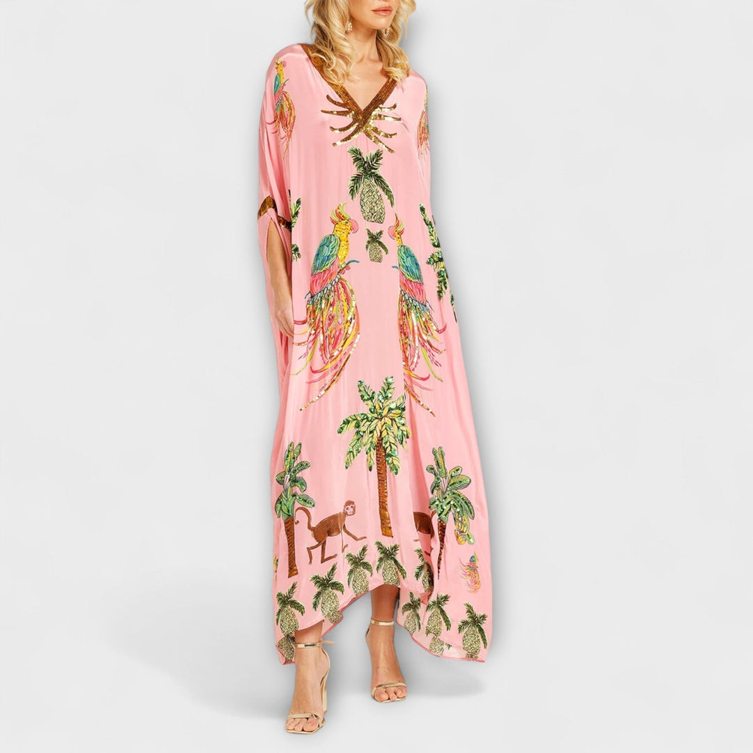 Linda - Wunderschönes Kleid mit asymmetrischen Schultern und tropischem Kokosnussbaum-Print