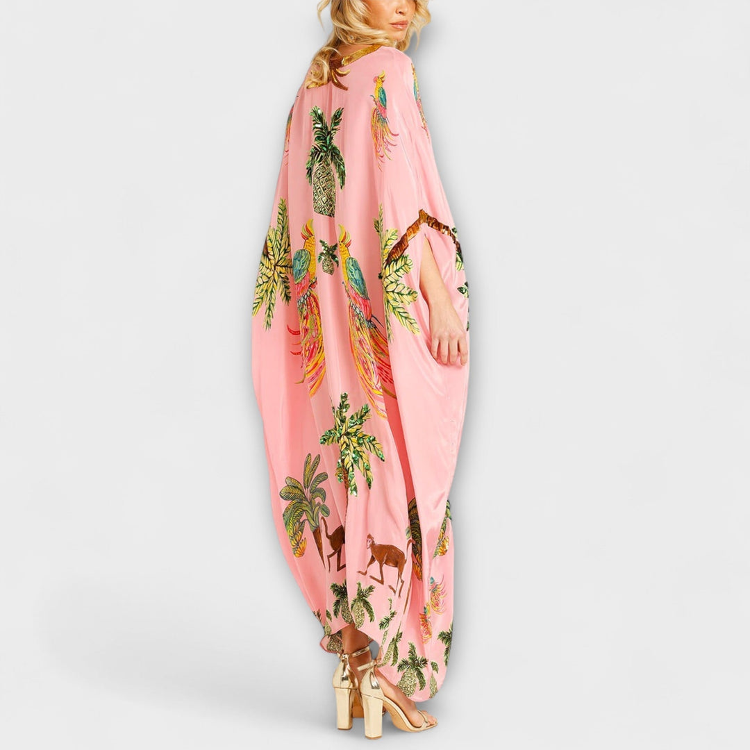 Linda - Wunderschönes Kleid mit asymmetrischen Schultern und tropischem Kokosnussbaum-Print