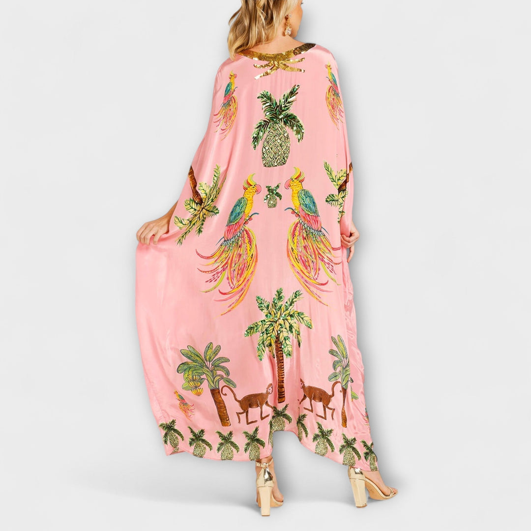 Linda - Wunderschönes Kleid mit asymmetrischen Schultern und tropischem Kokosnussbaum-Print