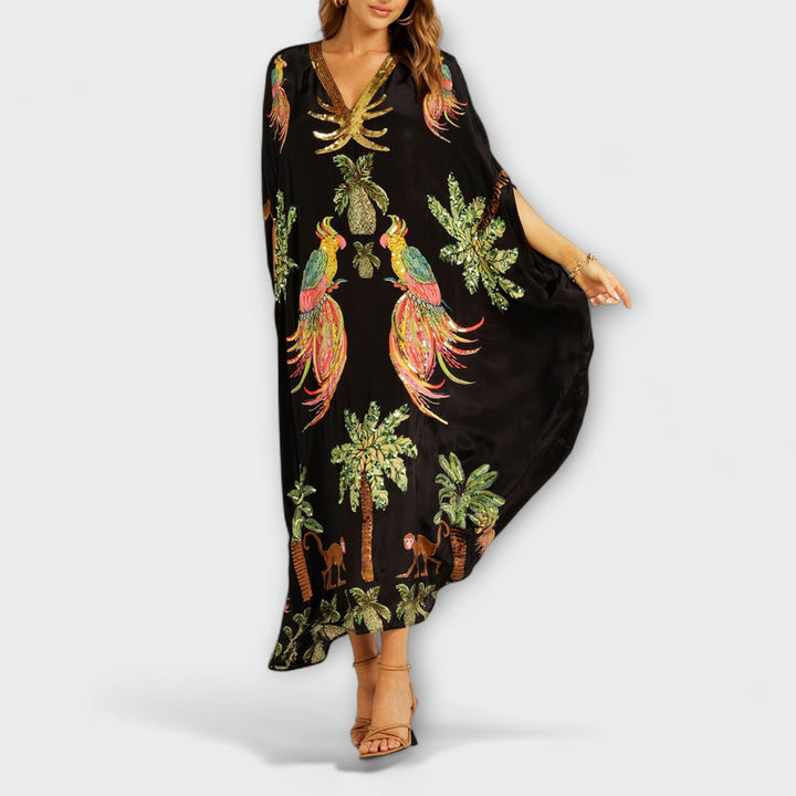 Linda - Wunderschönes Kleid mit asymmetrischen Schultern und tropischem Kokosnussbaum-Print