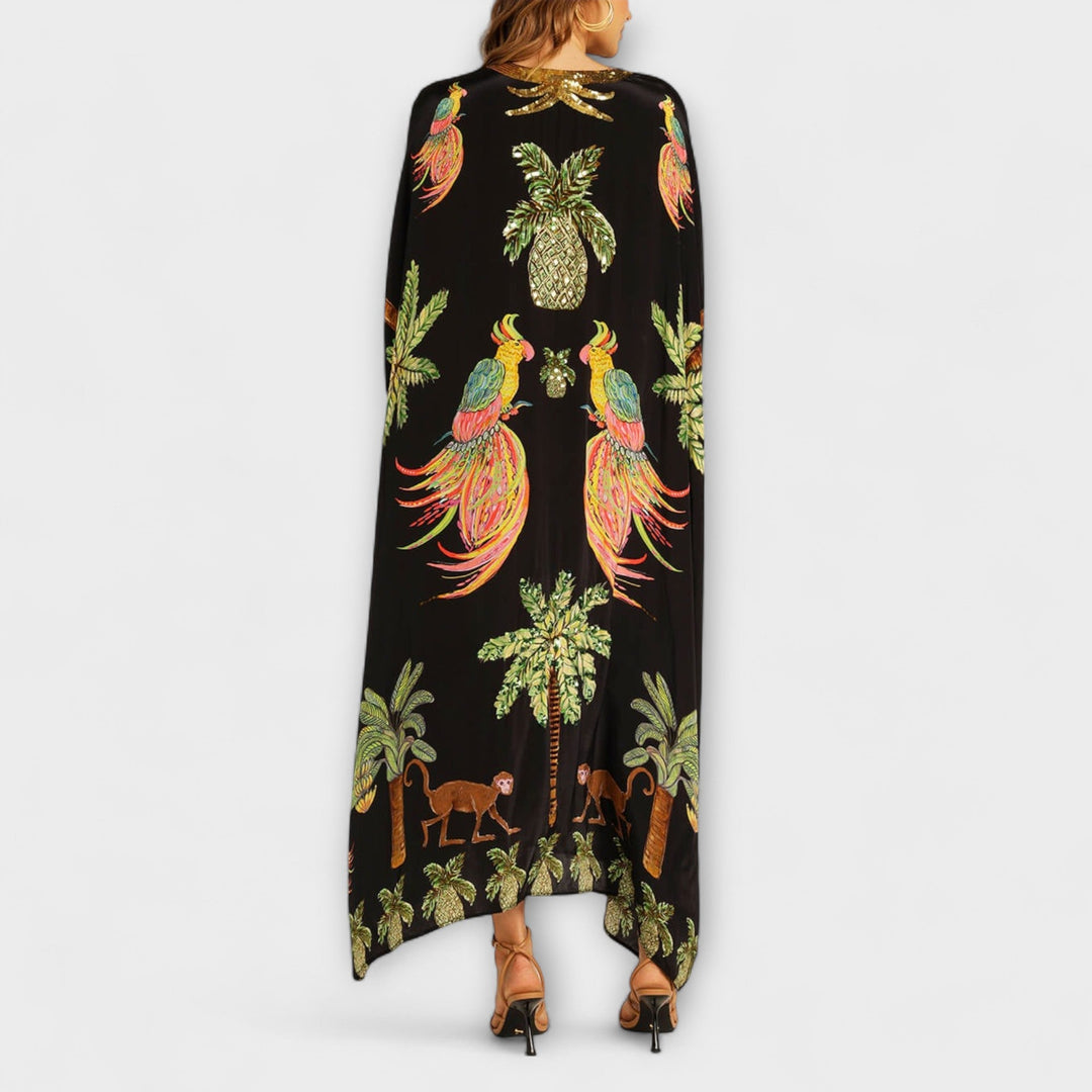 Linda - Wunderschönes Kleid mit asymmetrischen Schultern und tropischem Kokosnussbaum-Print