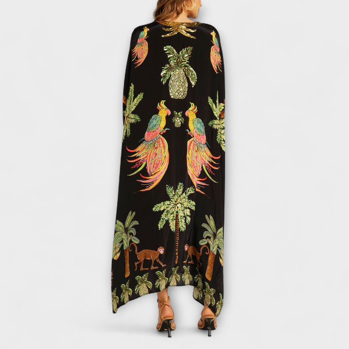 Linda - Wunderschönes Kleid mit asymmetrischen Schultern und tropischem Kokosnussbaum-Print