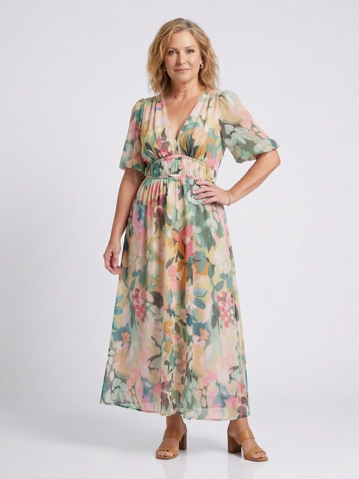 Eulalie | V-Ausschnitt Kurzarm Kleid mit geraffter Taille Midi