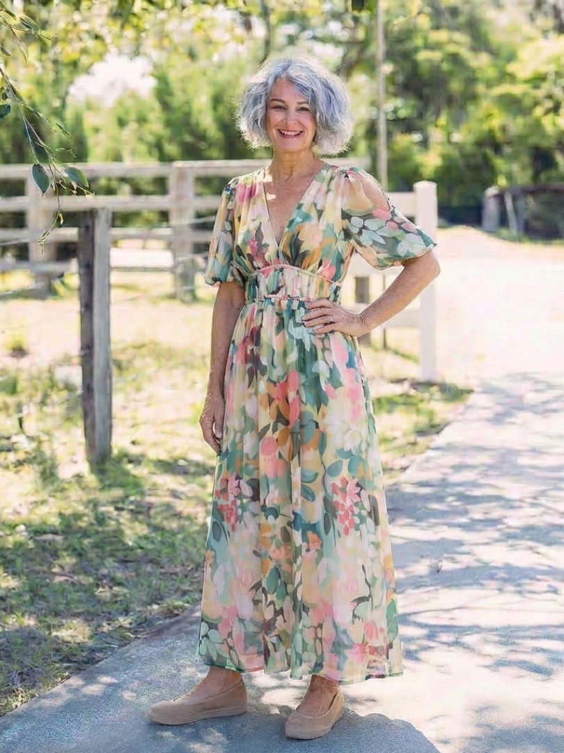 Eulalie | V-Ausschnitt Kurzarm Kleid mit geraffter Taille Midi