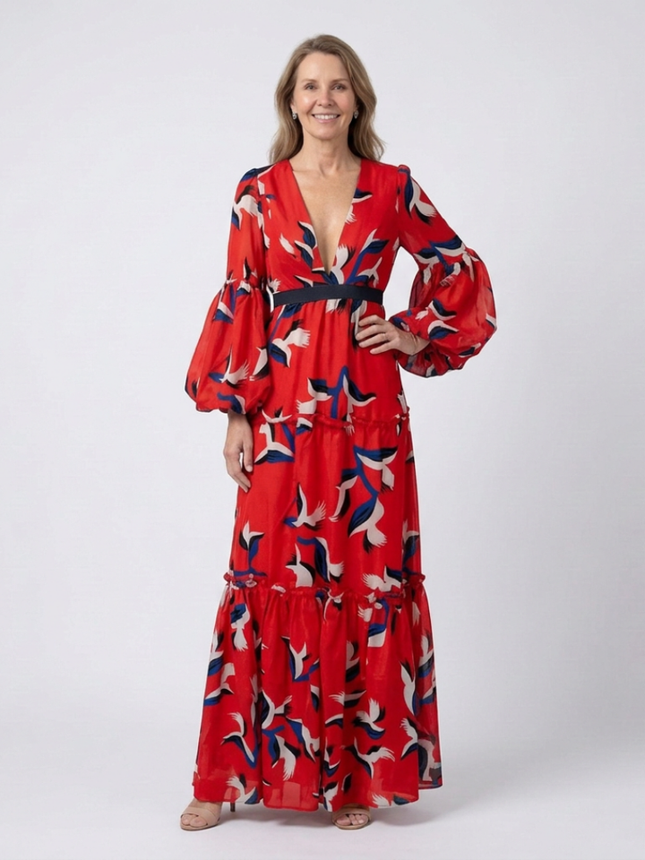 Isolde | V-Ausschnitt Bindegürtel Langarm Maxikleid
