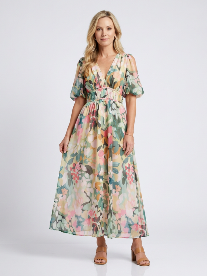 Eulalie | V-Ausschnitt Kurzarm Kleid mit geraffter Taille Midi