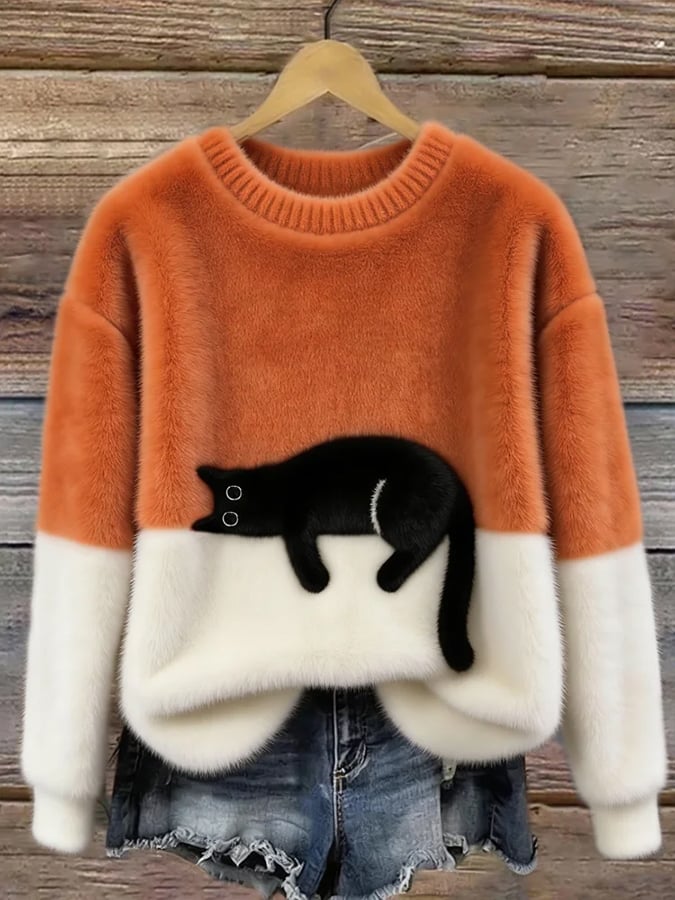 Pullover oversize da donna con design color block e motivo a gatti