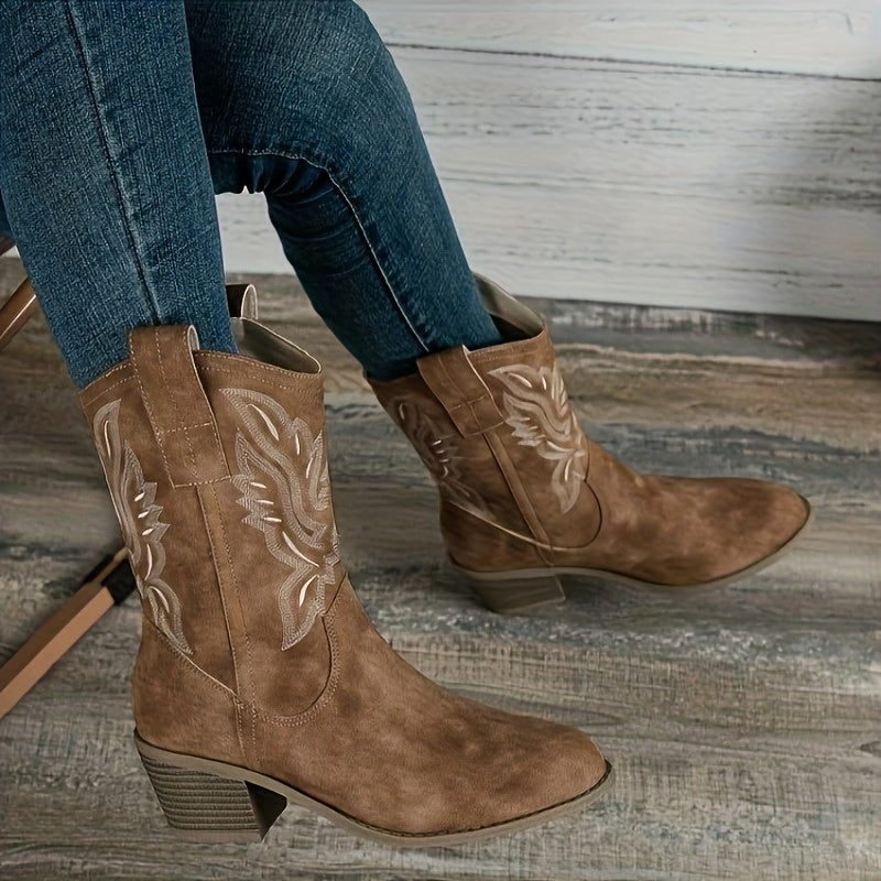 Damen Western Cowboy Stiefel für breite Waden mit besticktem Schaft
