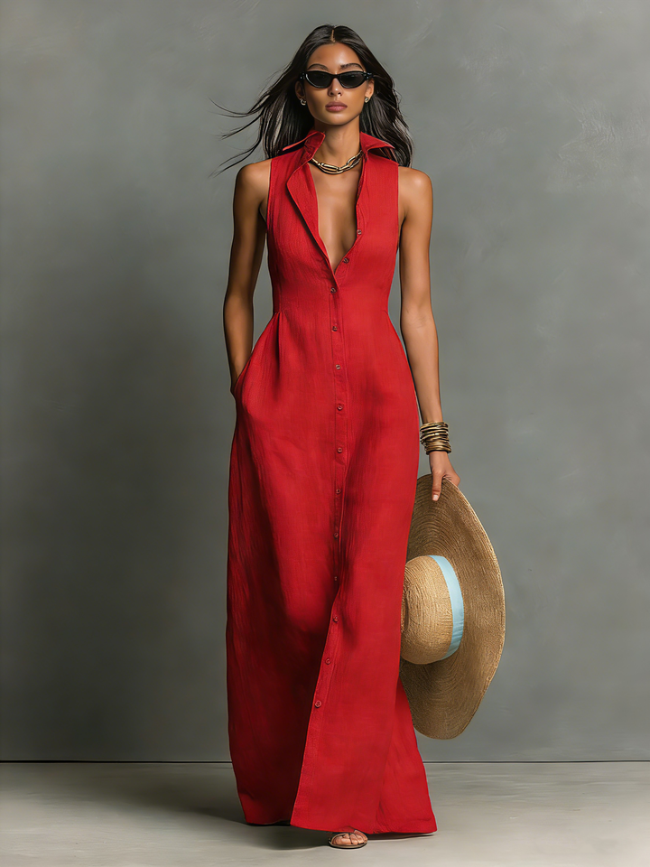 Minimalistisches, kragenloses, einreihiges, ärmelloses Maxi-Hemdkleid für Damen