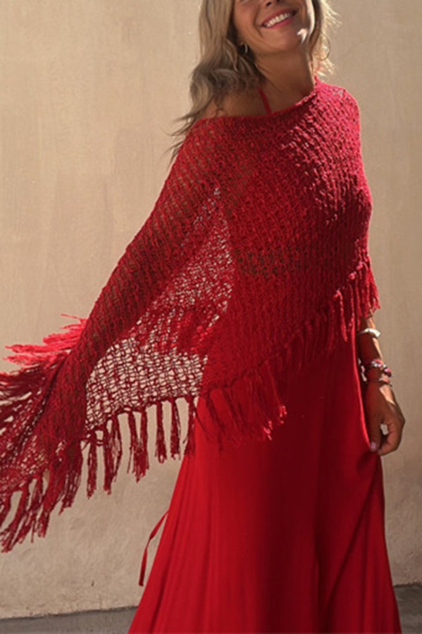 Sonnenuntergang Brise Quasten Strick Cover-Up mit Ausschnitt-Design