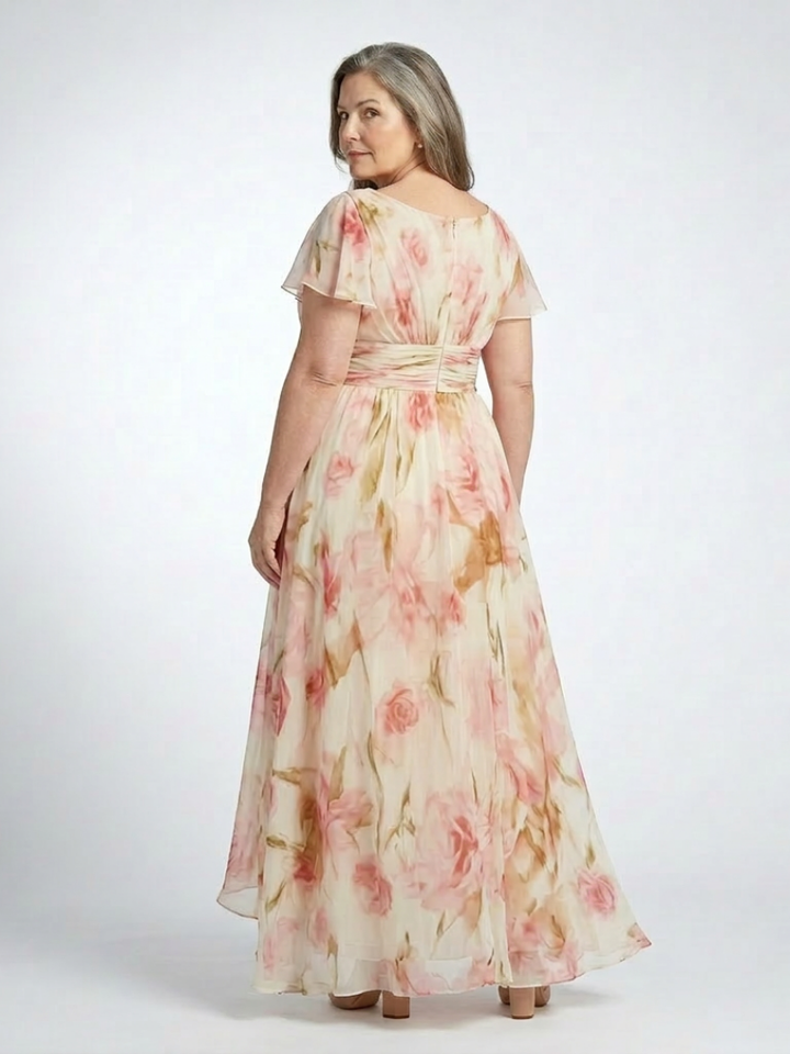 Elara | V-Ausschnitt Kurzarm Blumen Maxi Kleid