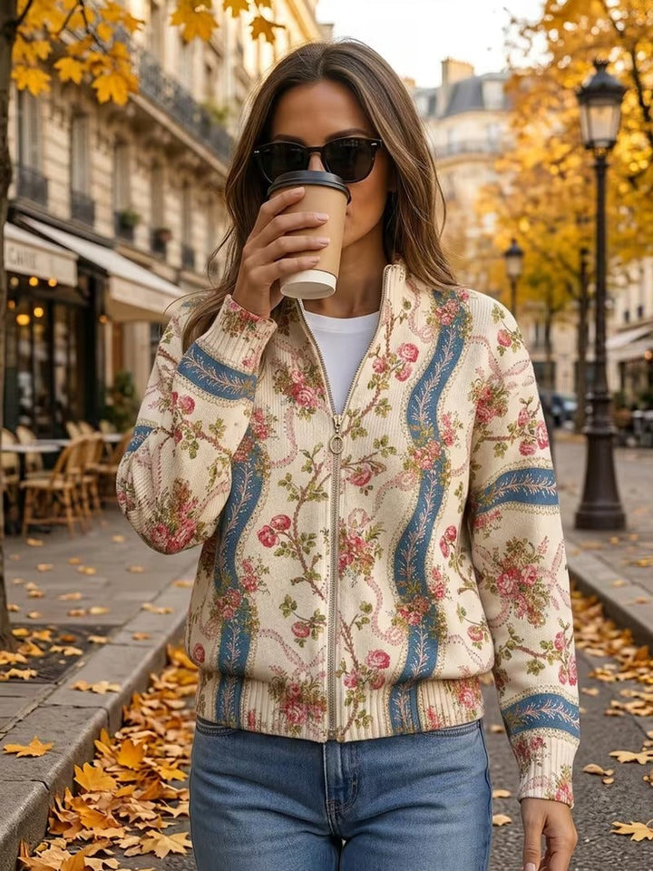 Eulalia | Damen Rippstrickjacke mit Kletterrosenmuster und Taschen