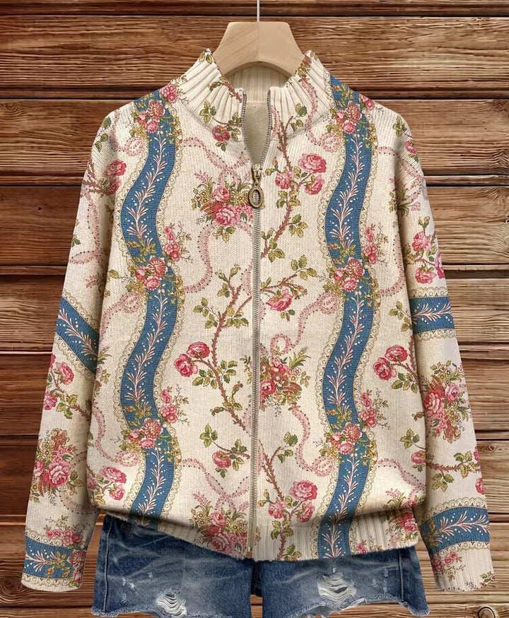 Eulalia | Damen Rippstrickjacke mit Kletterrosenmuster und Taschen
