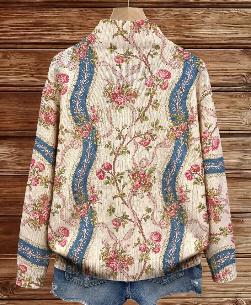 Eulalia | Damen Rippstrickjacke mit Kletterrosenmuster und Taschen