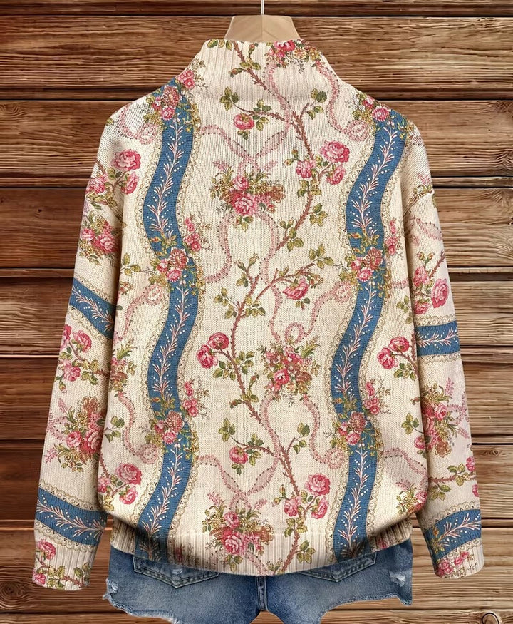 Eulalia | Damen Rippstrickjacke mit Kletterrosenmuster und Taschen