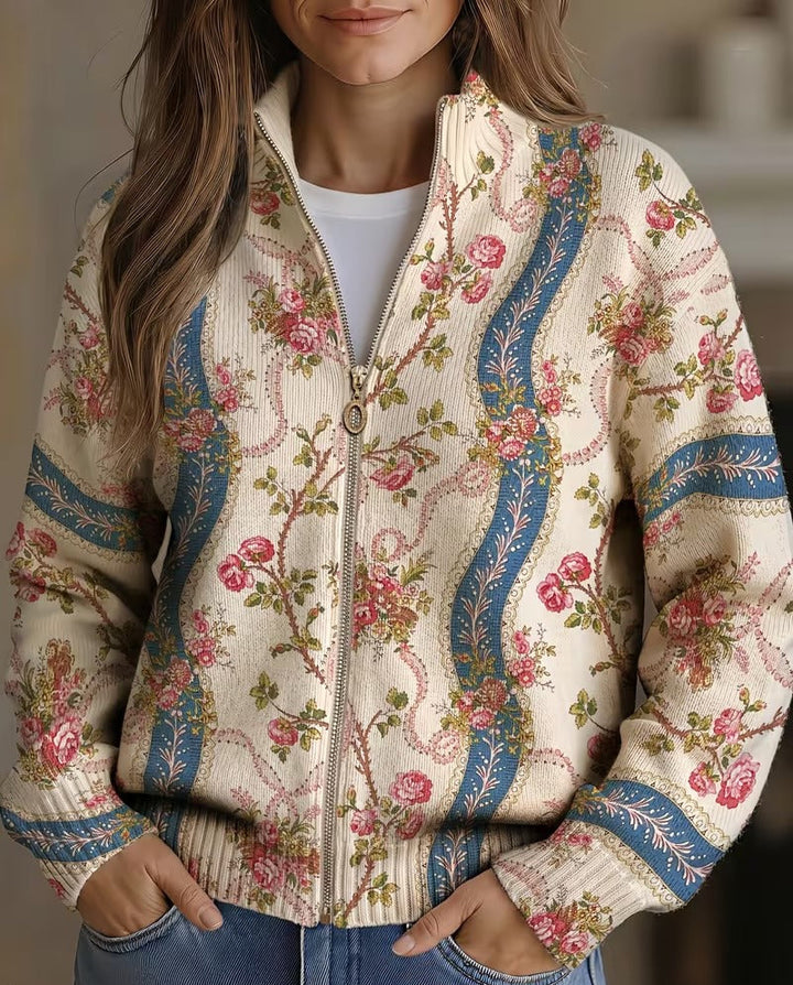 Eulalia | Damen Rippstrickjacke mit Kletterrosenmuster und Taschen