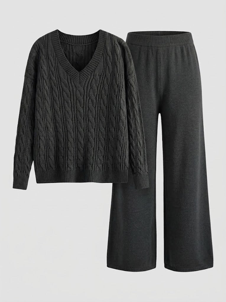 Completo da donna a due pezzi, scollo a V e maniche lunghe