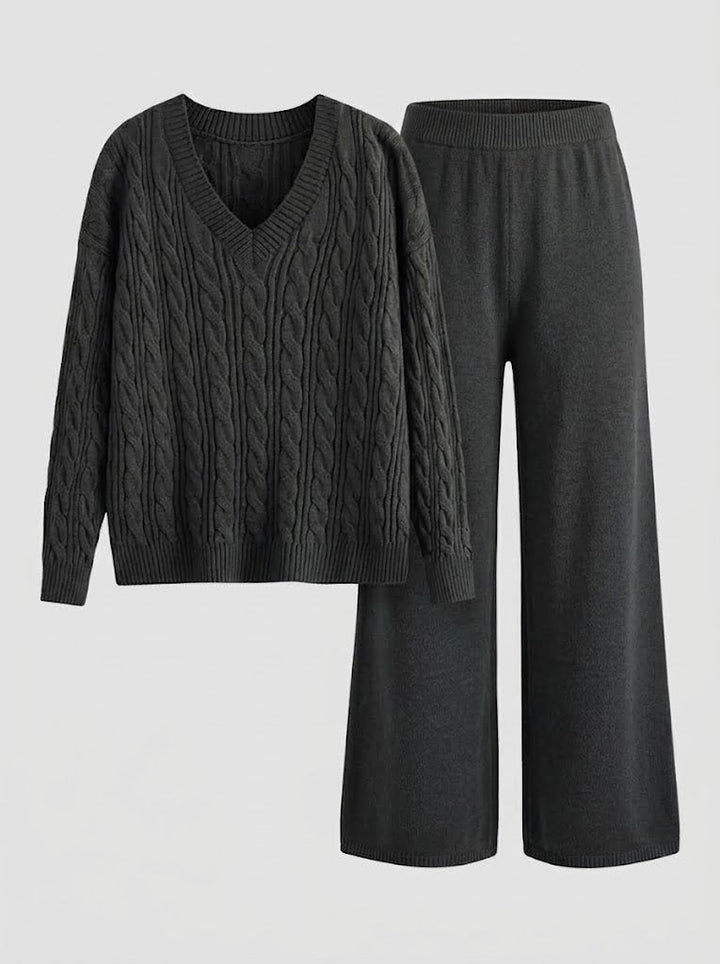 Completo da donna a due pezzi, scollo a V e maniche lunghe