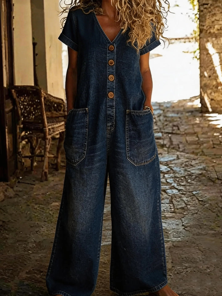 Denise | Denim-Overall mit V-Ausschnitt und kurzen Ärmeln