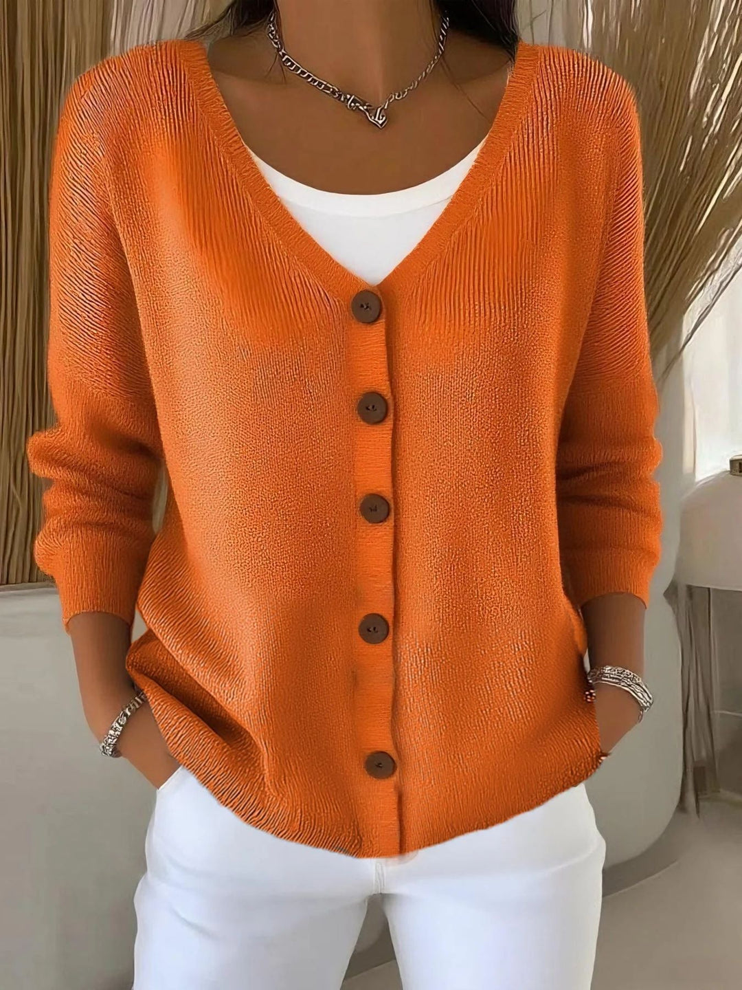 Olivia™ - Langarm V-Ausschnitt Knopf Pullover