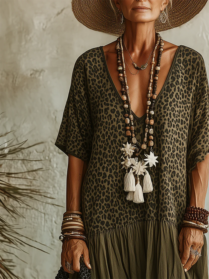 Damen V-Ausschnitt Maxikleid mit Leopardenmuster
