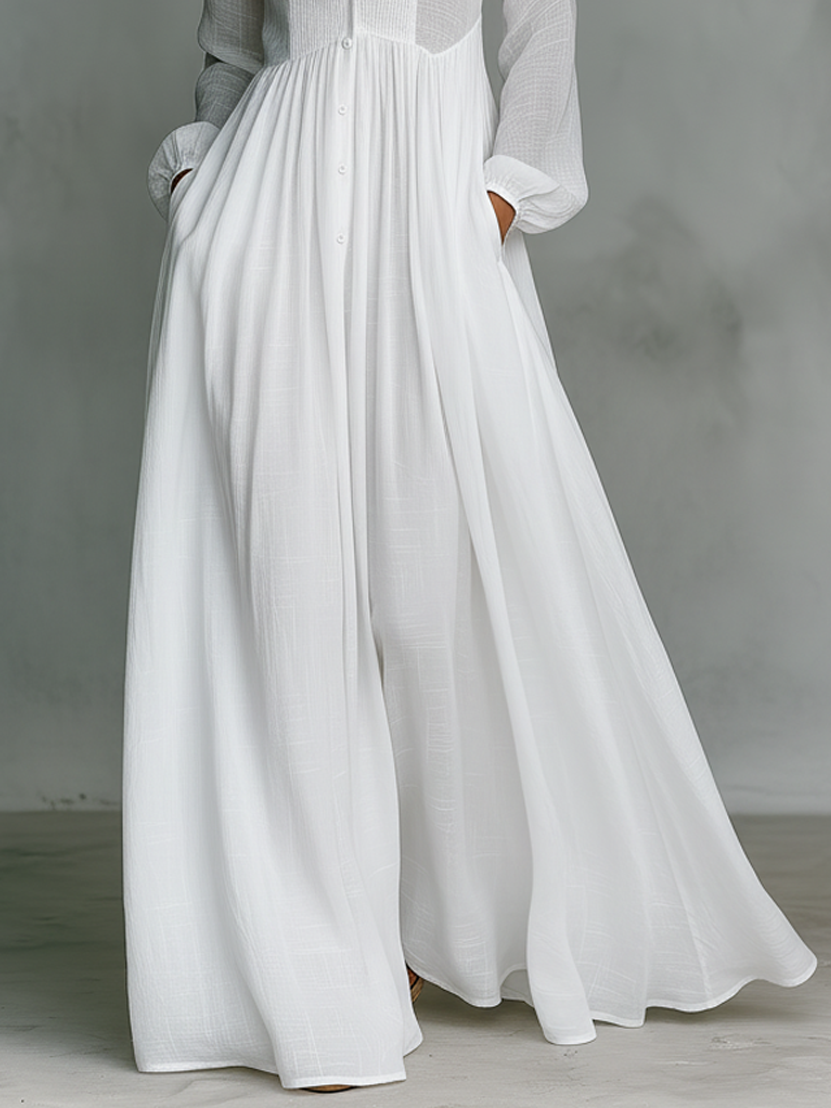 Elisa | Baumwoll- und Leinen-Maxi-Kleid mit Patchwork, hohem Kragen und langen Ärmeln - Minimalistischer Stil