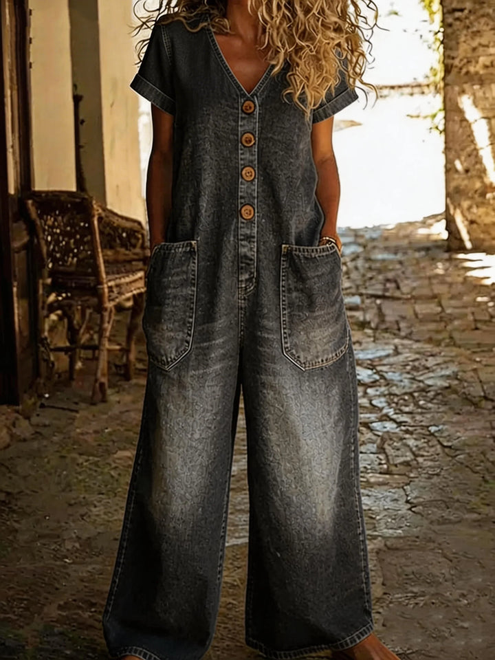 Denise | Denim-Overall mit V-Ausschnitt und kurzen Ärmeln