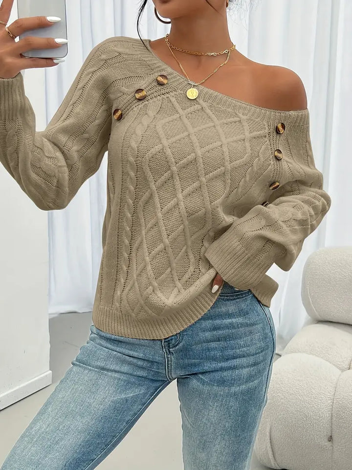 Lina - Langärmeliger Pullover Mit Zopfmuster, Lässiger Pullover Mit Rundhalsausschnitt