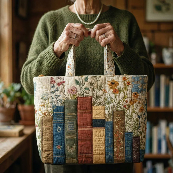 Handgefertigte Matelassé-Tasche - Bücher und Blumen