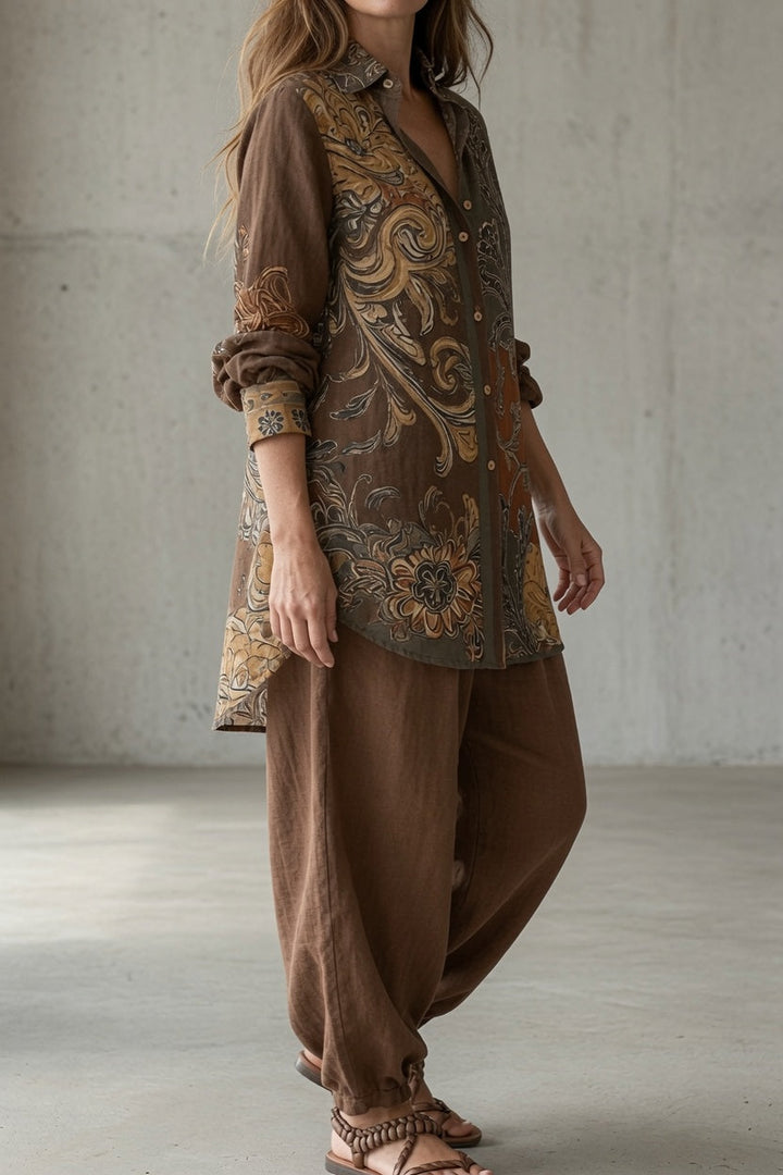 Nina | Women's Floral Long-Sleeve Top & Pants Set with Buttons