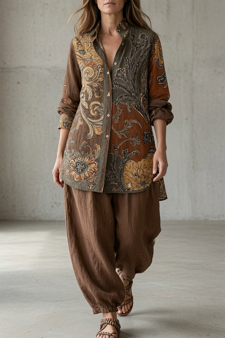 Nina | Women's Floral Long-Sleeve Top & Pants Set with Buttons