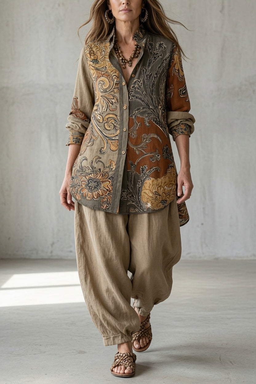 Nina | Women's Floral Long-Sleeve Top & Pants Set with Buttons